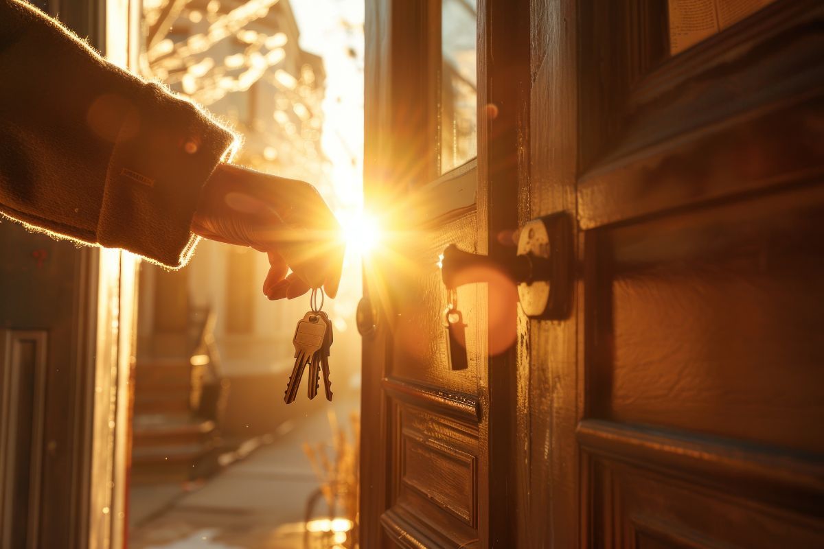 Hand holding a key, unlocking a door as light floods the opening and invites the Holy Spirit in. 
