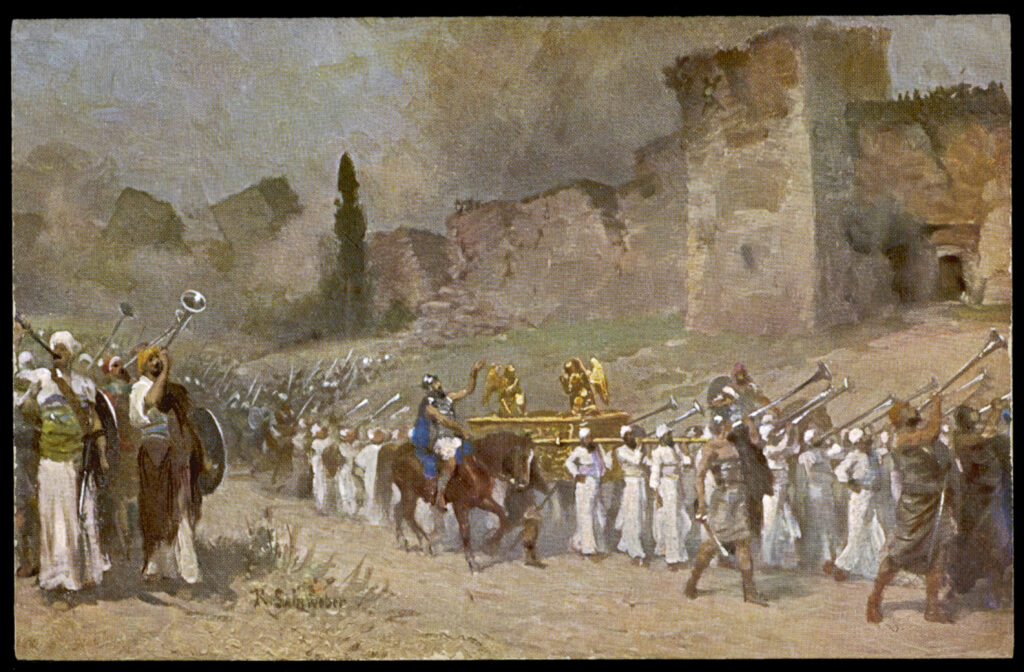 Old painting of Joshua and the walls of Jericho.