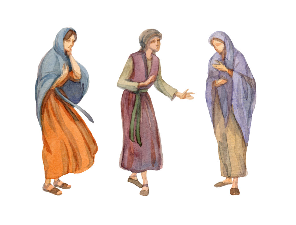Watercolor depicting three women in ancient clothing as a concept for the daughters of Shallum. 