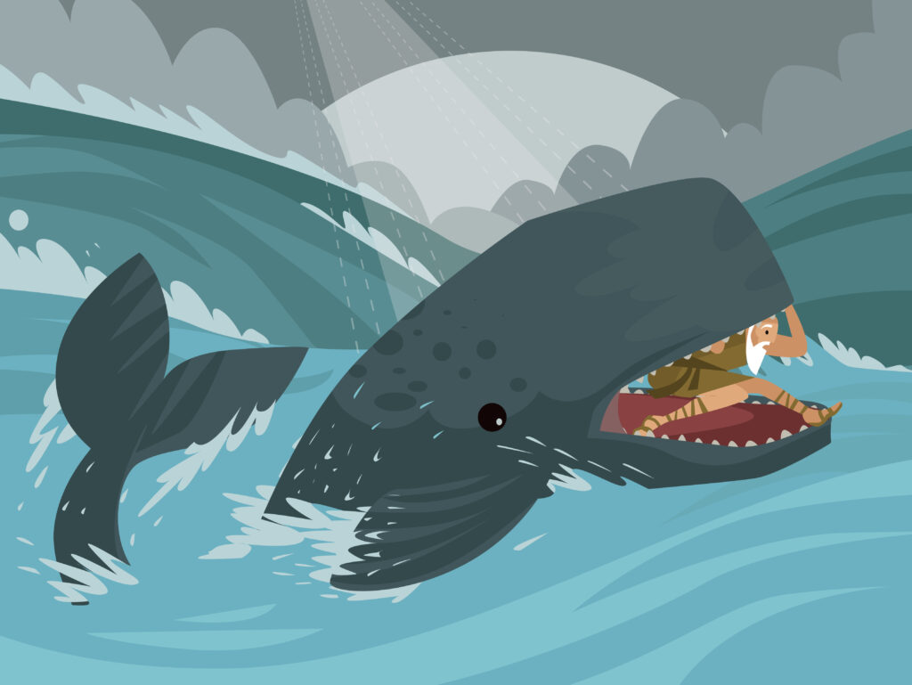 A cartoon image of Jonah swallowed by the whale.