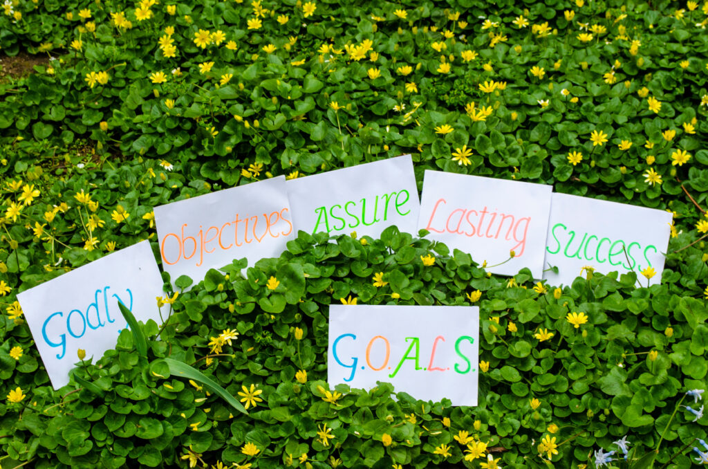 A group of index cards on the ground. Each has a different word, “Godly, Goals, Success, Lasting, Objectives, Assure.