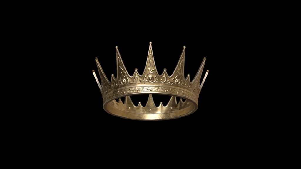 A golden crown floating against a black background.