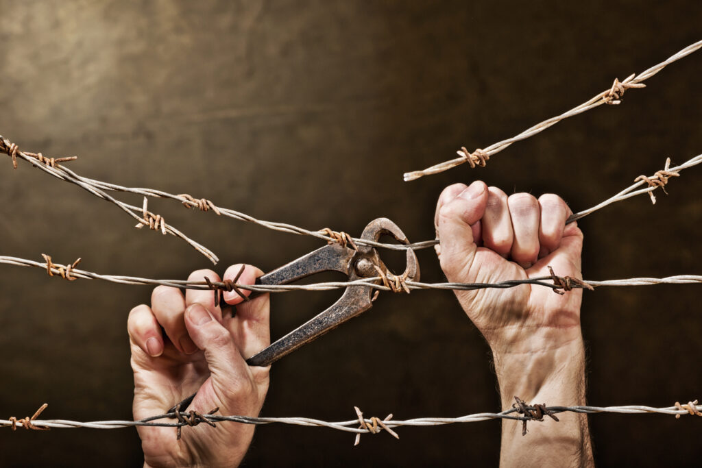 Two hands grabbing onto rusted barbed wire trying to cut it with pliers. 