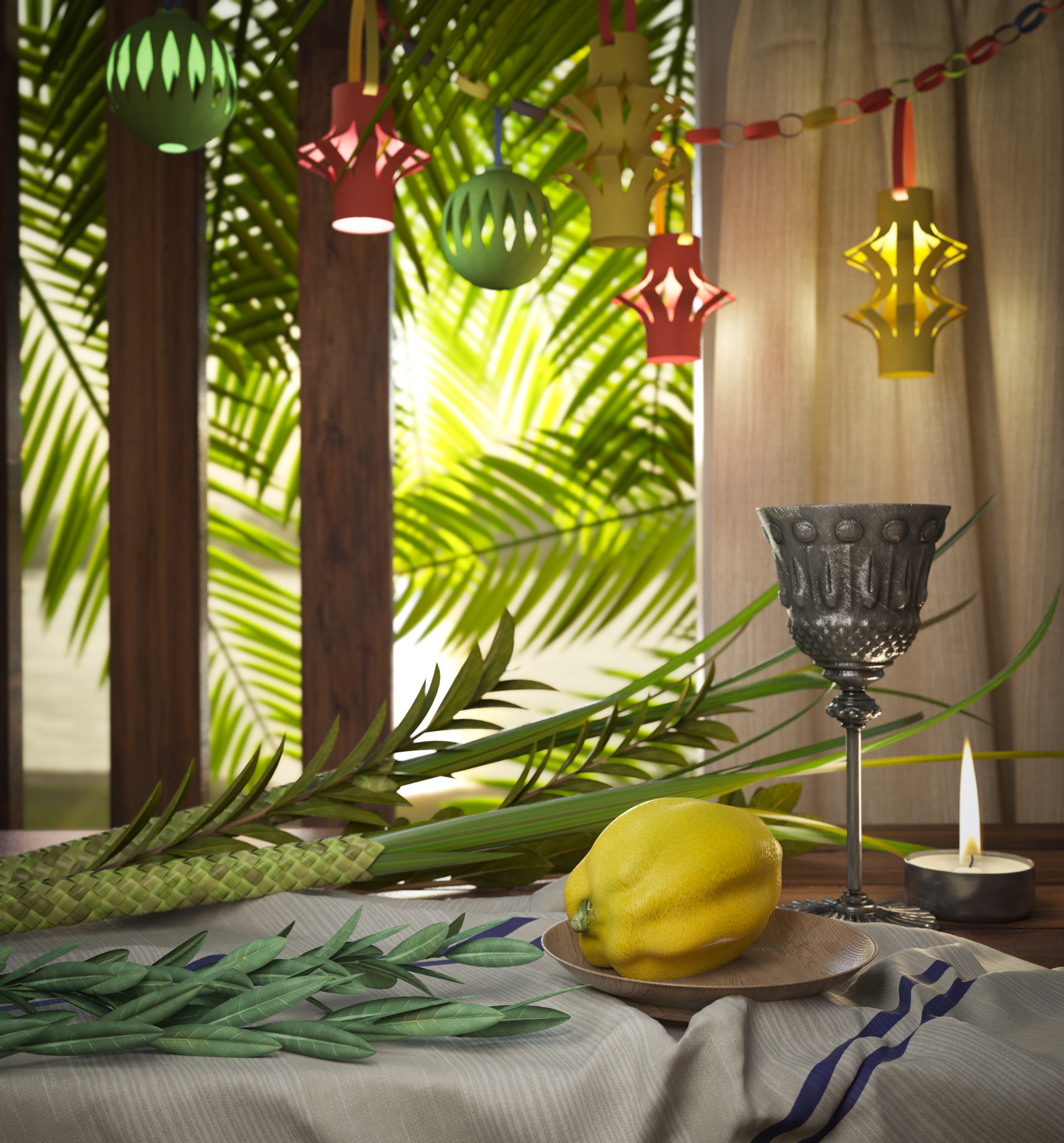 Symbols of the Jewish holiday, Feast of Sukkot with palm leaves and candle.