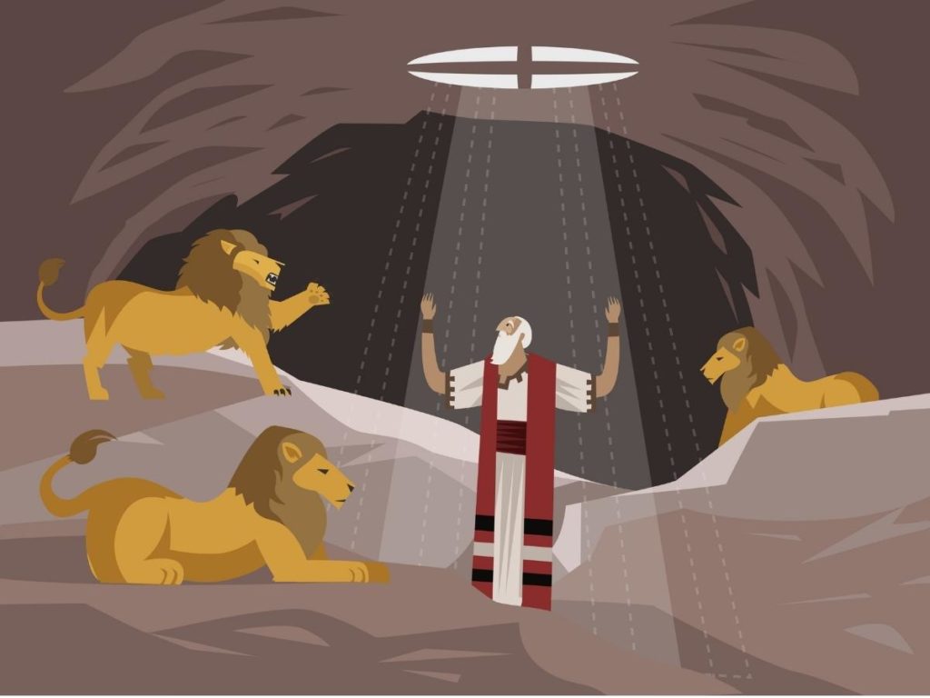 Depiction of the Bible story of Daniel in the lions’ den with light shining down as he is saved by God.