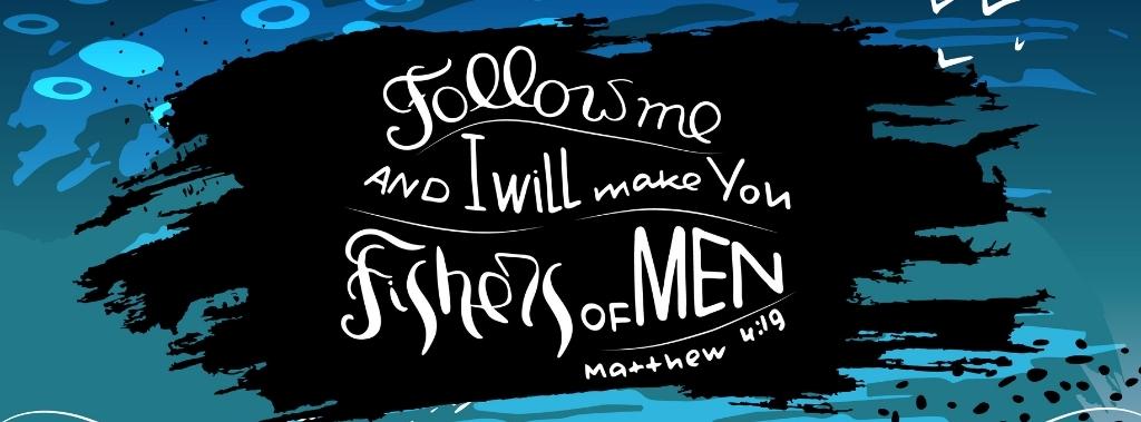 Matthew 4:19 Bible verse follow me and I will make you fishers of men on an abstract ocean background.