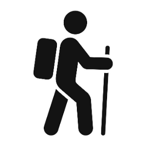 a person with a walking stick and backpack icon.