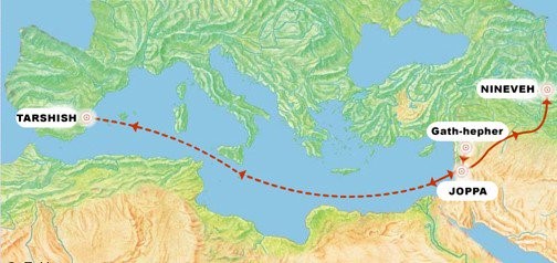 Map of Jonah's intended journey and actual journey.