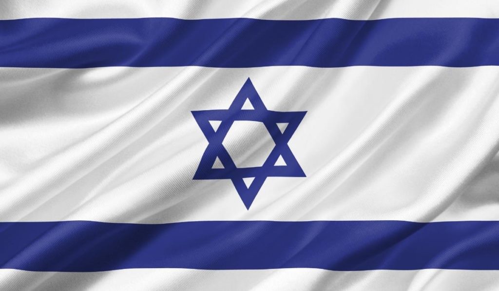 White Israeli flag with blue Star of David and two blue stripes.