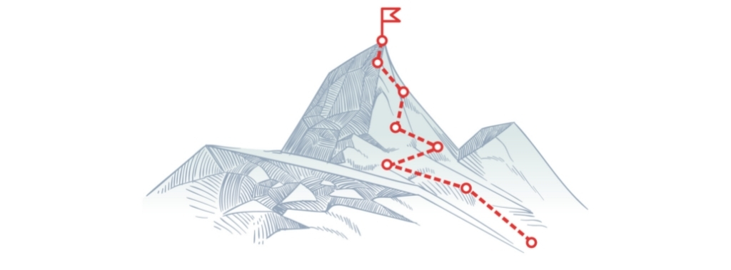 Drawing of mountain with red dotted line demonstrating the route to success.