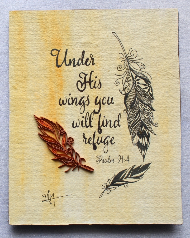 Psalm 91:4 scripture quote and feathers painted in cursive font on parchment paper.