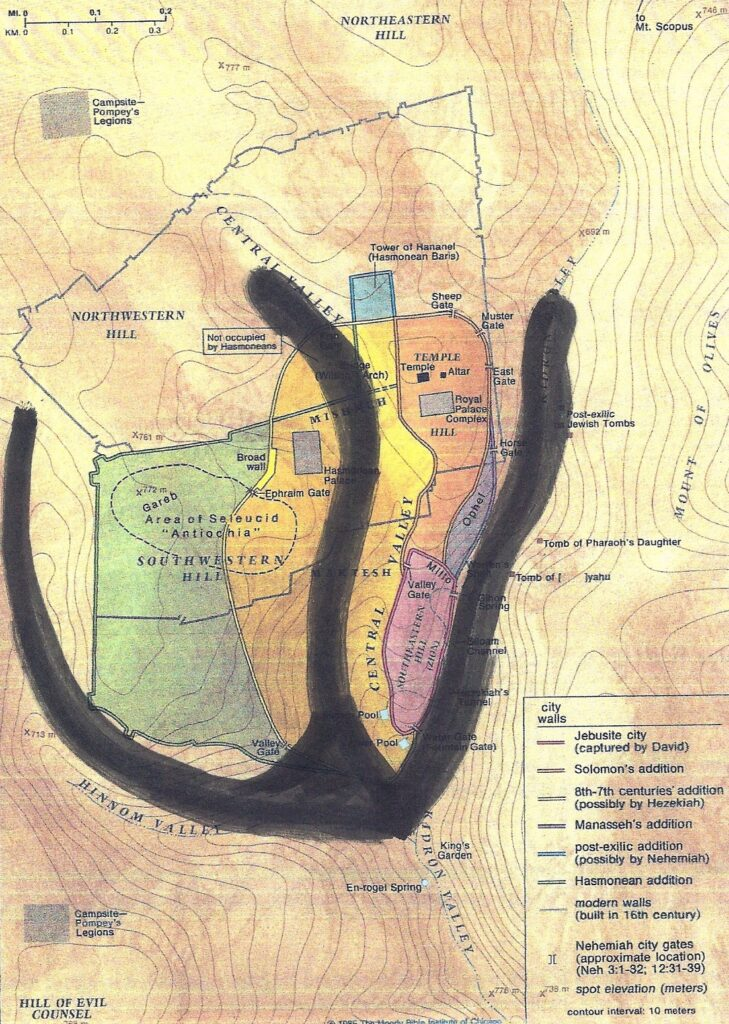 A map of ancient Jerusalem with a blue line outlining the 3 valleys that form the Hebrew letter shin.
