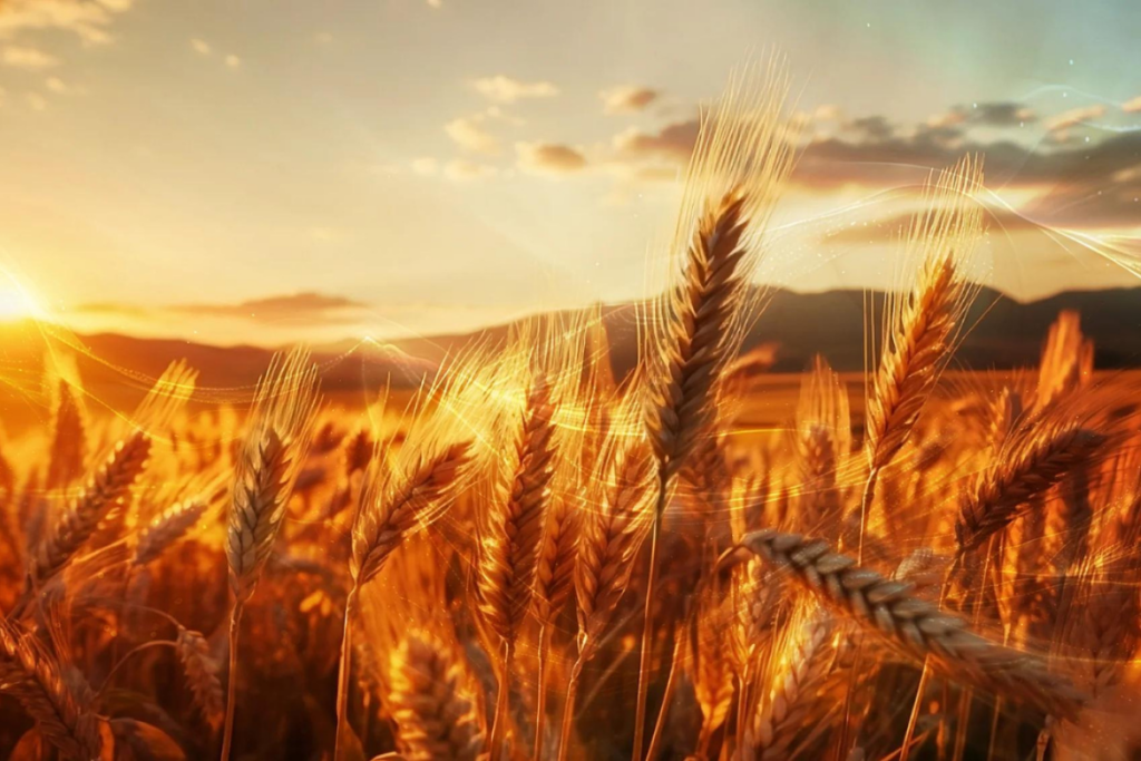 Field of wheat with shimmering fiery wind passing through the ripe harvest. 
