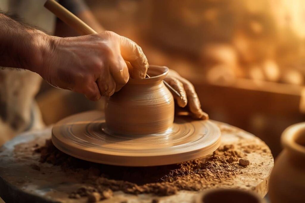 A potter works with a tool on a potter's wheel leveling the surface of a vase.
