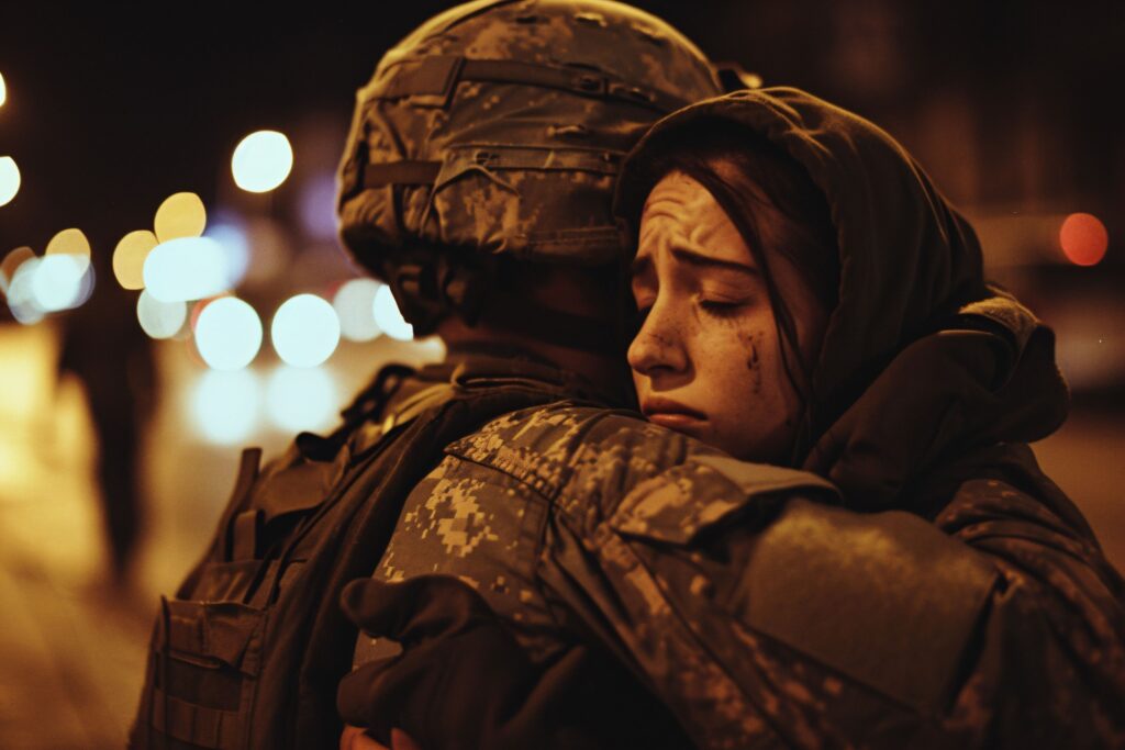 Israeli soldier hugging a crying woman to bring comfort and hope in the midst of her mourning. 
