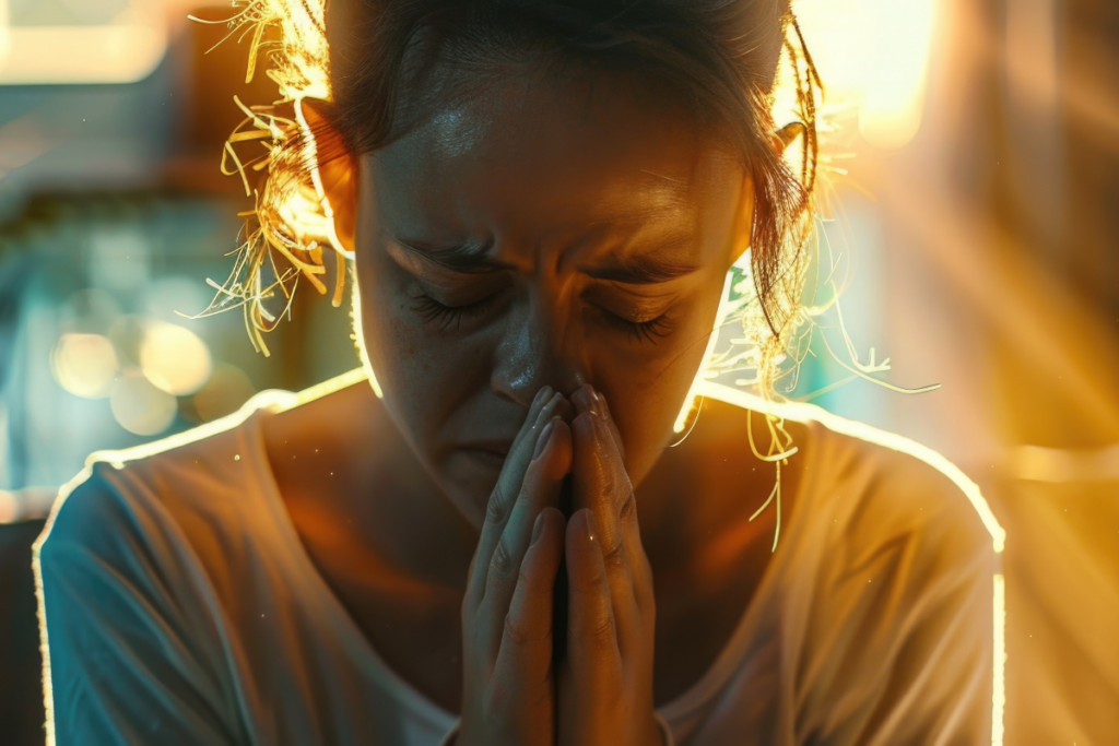 Somber woman with heaviness evident on her face, fervently prays to Yeshua with her hands folded.
