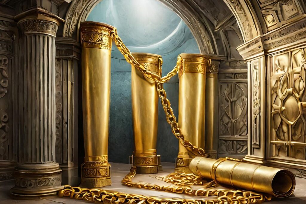 Three standing scrolls and one fallen scroll with chains connecting them all together, sealed inside a vault. 
